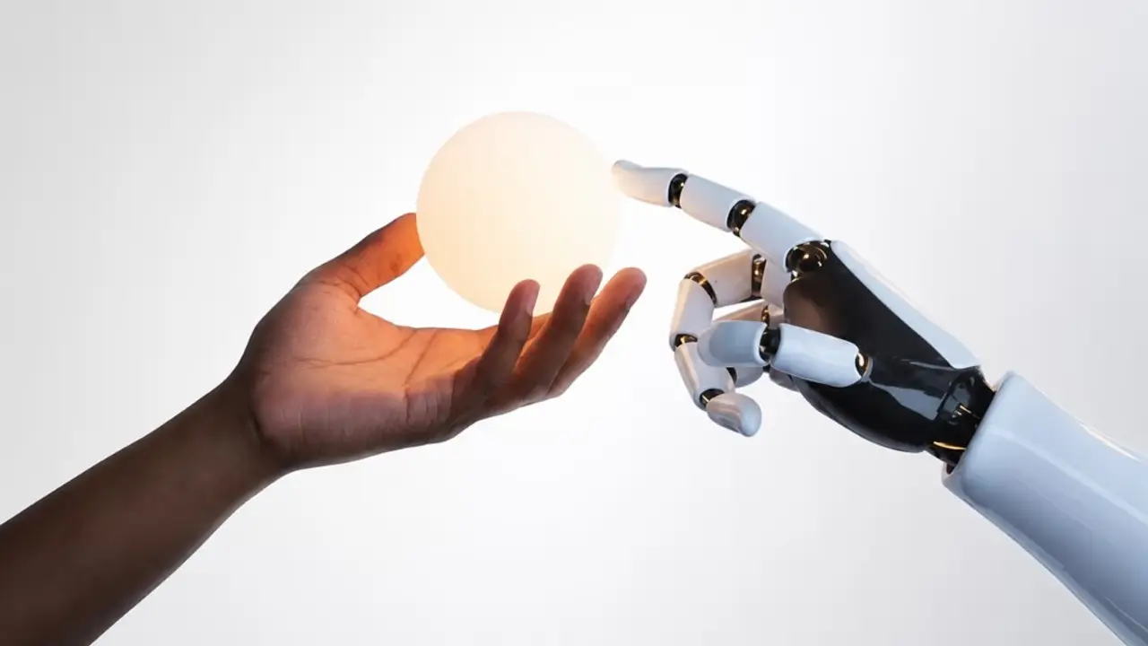 Menschliche Hand und Roboterhand treffen sich an einer leuchtenden Kugel als Symbol für KI-Lösungen für Unternehmen