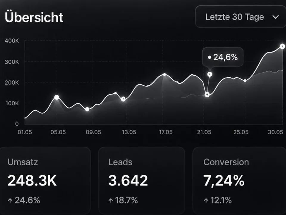 KI-gestützte Datenanalyse: Dashboard mit Umsatz, Leads und Conversion Kennzahlen